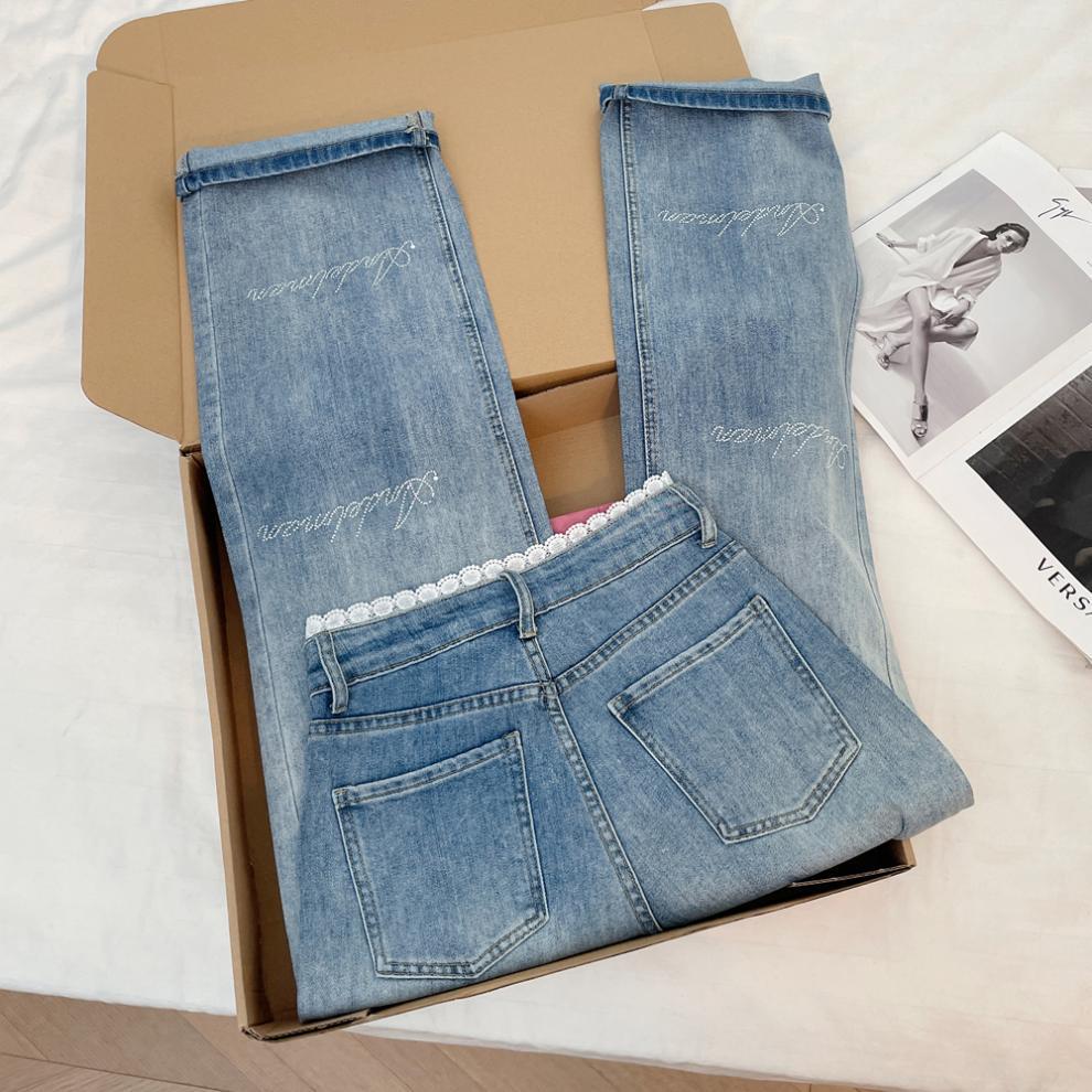 American Spicy Girl Rhinestone Lace Patchwork High-Waisted Straight Leg Slimming Denim Jeans