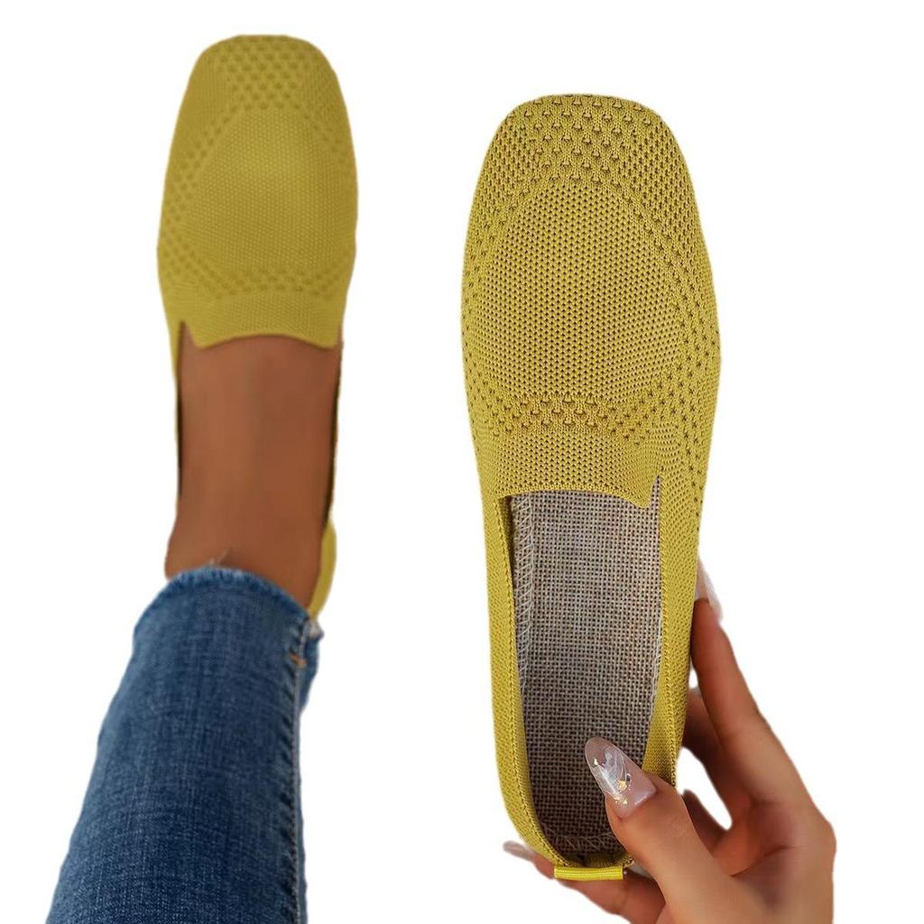 Sommar Nya Stora Fyrkantiga Huvud Platta Platta Platta Flyknit Enkla Skor för Kvinnor, En Fots Fritidsskor