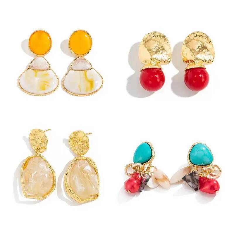 KunJoe 4 Styles Vintage Acrylic Geometric Pendant Earrings for Women Boho Fashion Irregular Resin Drop Earrings New Year Jewelry