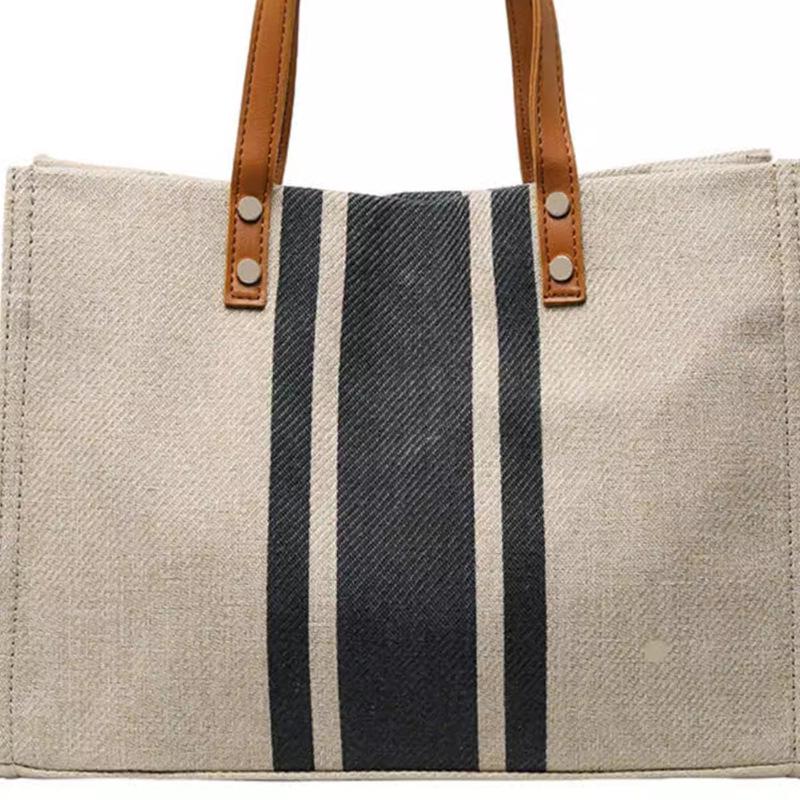 Women's Handbag Professional Commuter Stripe Simple Shoulder Large Bag Large Capacity Canvas Tote Bag