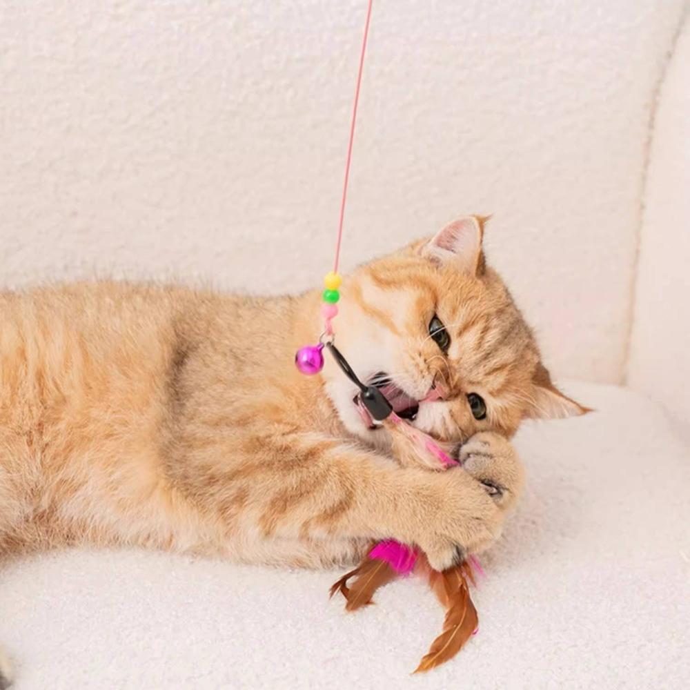 Interaktives Katzenangelspielzeug mit Quaste im Federstil & Glöckchen an flexibler elastischer Stange