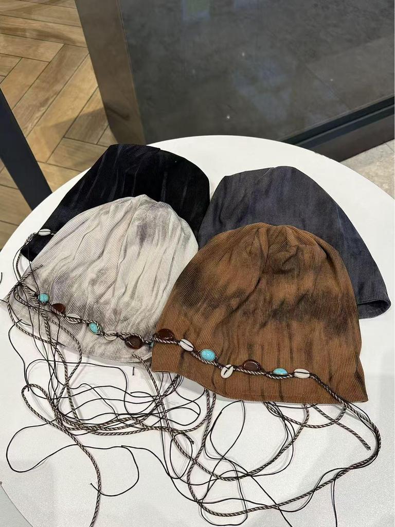 Korean-Style Tie-Dye Beaded Slouchy Beanie for Women - Ethnic Retro Tassel Skull Cap, Early Autumn Wear