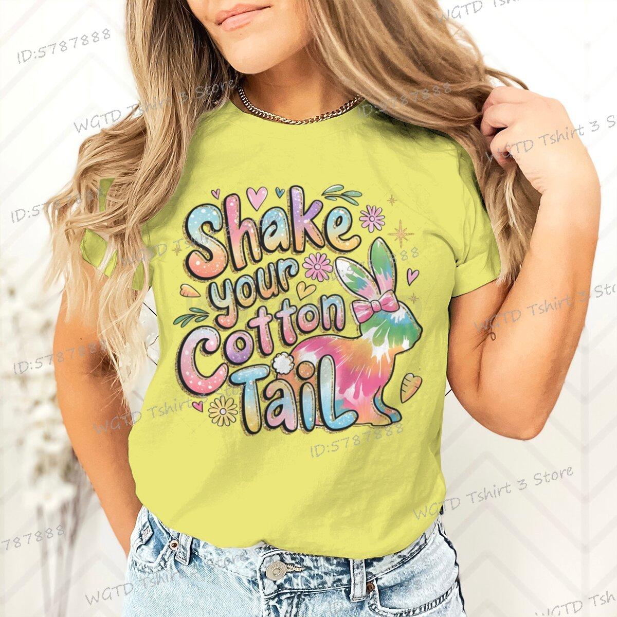 

Женские футболки с графикой Shake Your Cotton Tail, блестящие футболки с коротким рукавом с пасхальным кроликом, подарок на Пасху, красочные повседневные топы 3XL
