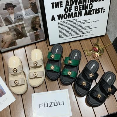 Fashion Thick-soled Slippers Women's Summer Outer Wear Trend Double-belt Cool Slippers Comfortable Beach Flat-bottomed Slippers Manufacturer