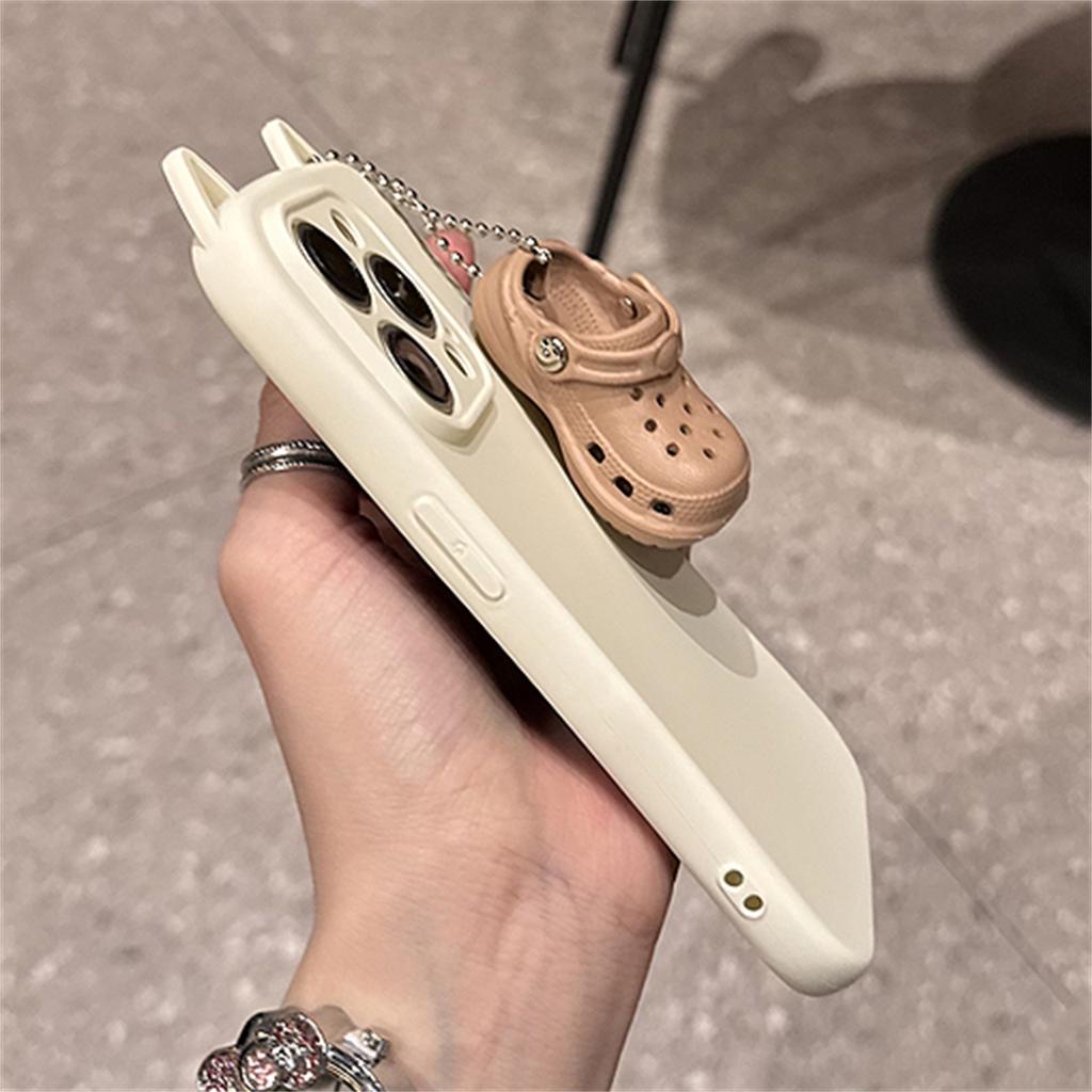 Cute Cartoon 3D Cat Ears Soft Phone Case For iPhone 16 15 14 13 Pro Max With Lovely Mini Hole Shoes Pendant Back Cover