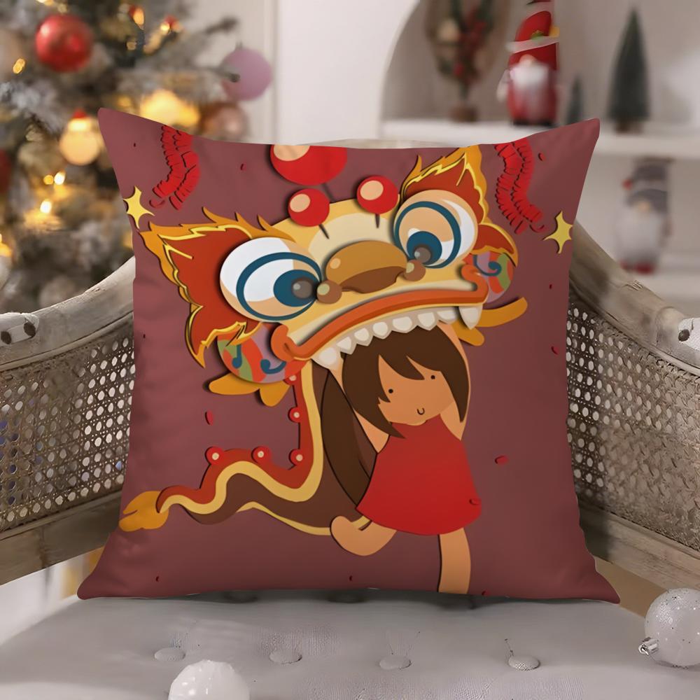 Chinatown Festive Lion Print Pattern Pillow Case Comfort Sofa Bed Silky Elegant Invisible Zipper Decorative Cushion Cover