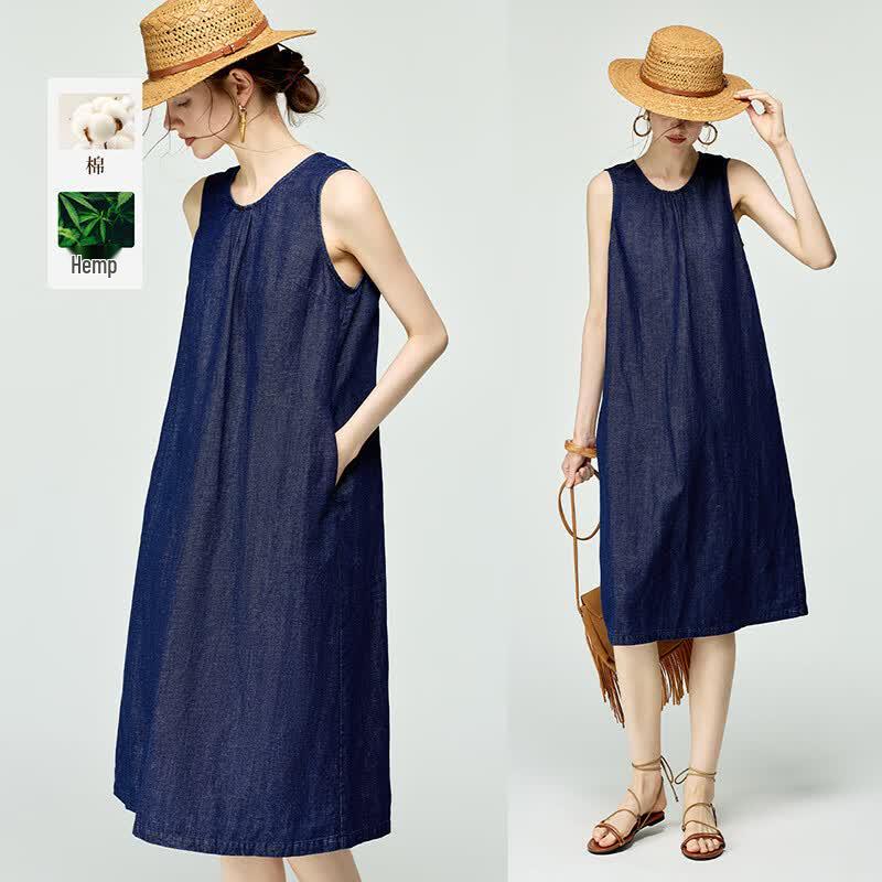 Women s Retro Denim Hemp Sleeveless Midi Dress XL