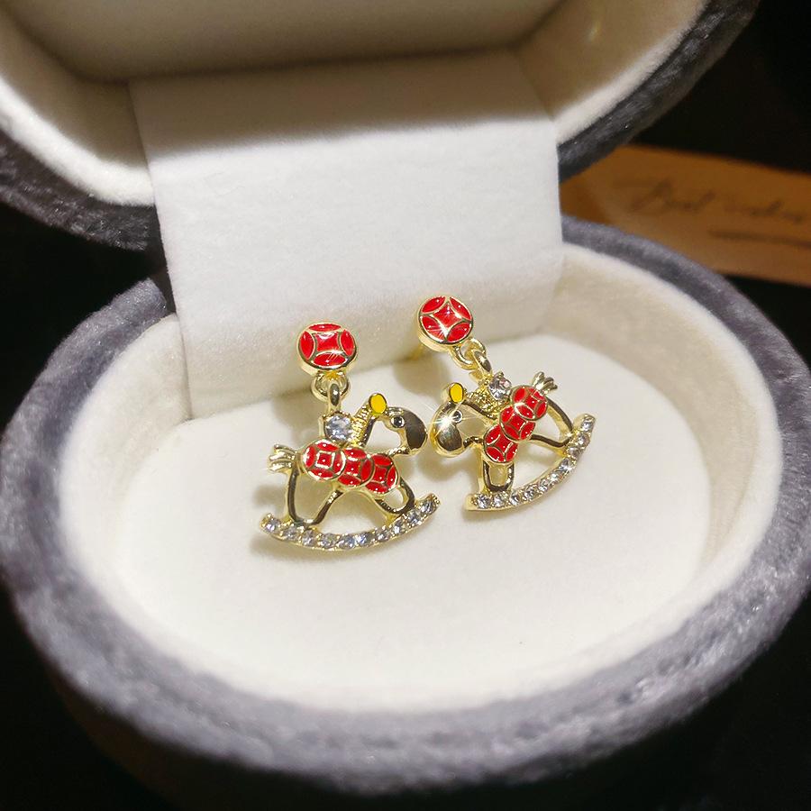 New Chinese Style Simple Natal Year Zircon Pony Earrings Earrings Fashionable and Exquisite Versatile Earrings Women