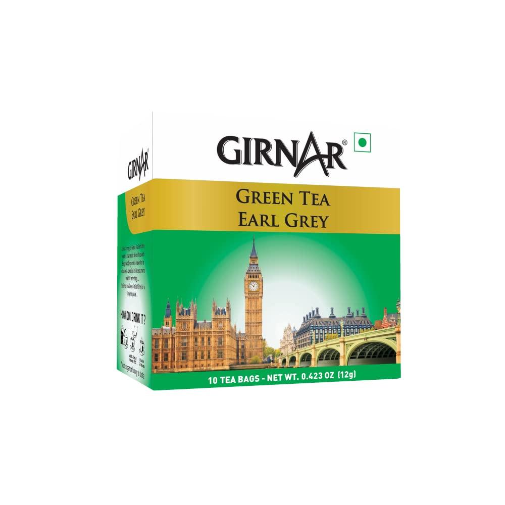 Girnar Earl Grey Green 10 Tea Bags With Bergamot Aroma Caffeine Free Foil Wrapped For Daily Refreshing Brew Experience