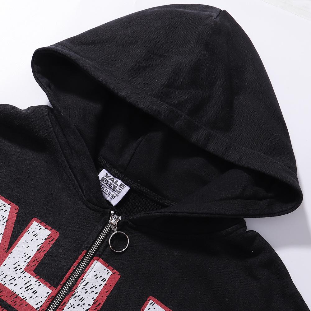 Unisex Retro Print Distressed Zipper Hoodie - Loose Fit, High Street American Style