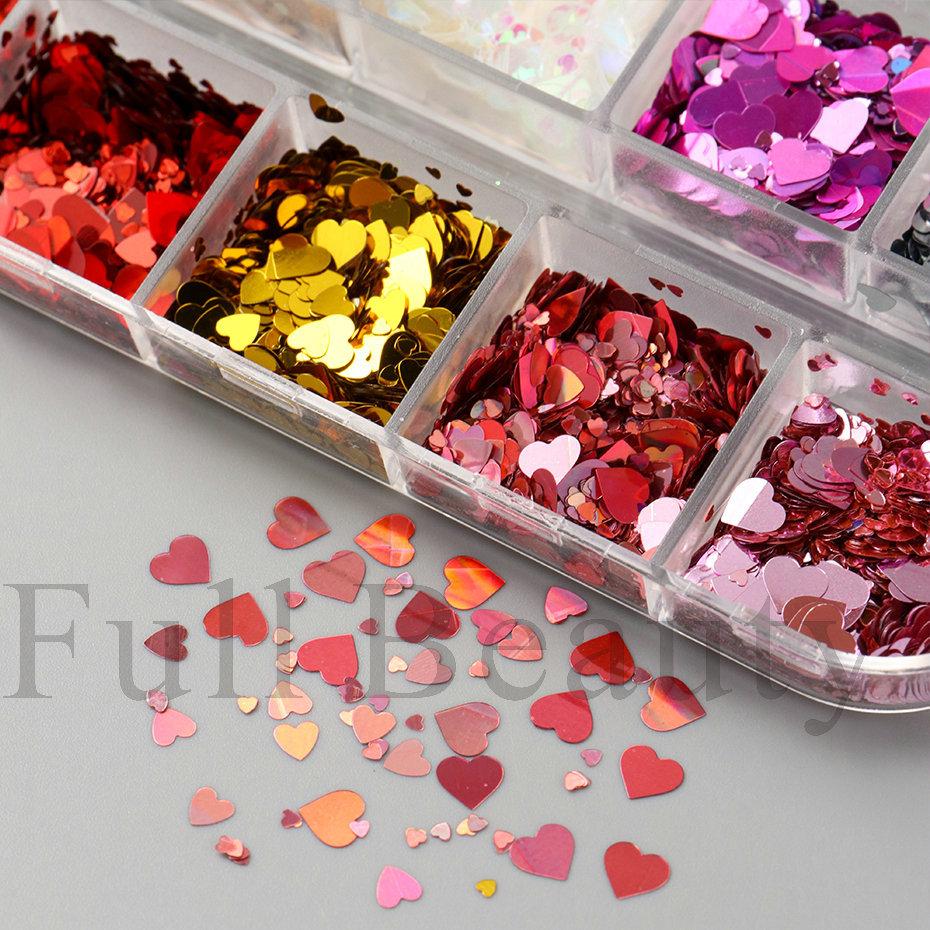 Nail Sequins 12 Boxes Mixed Sizes Love Sequins Romantic Valentine's Day Nail Sequins