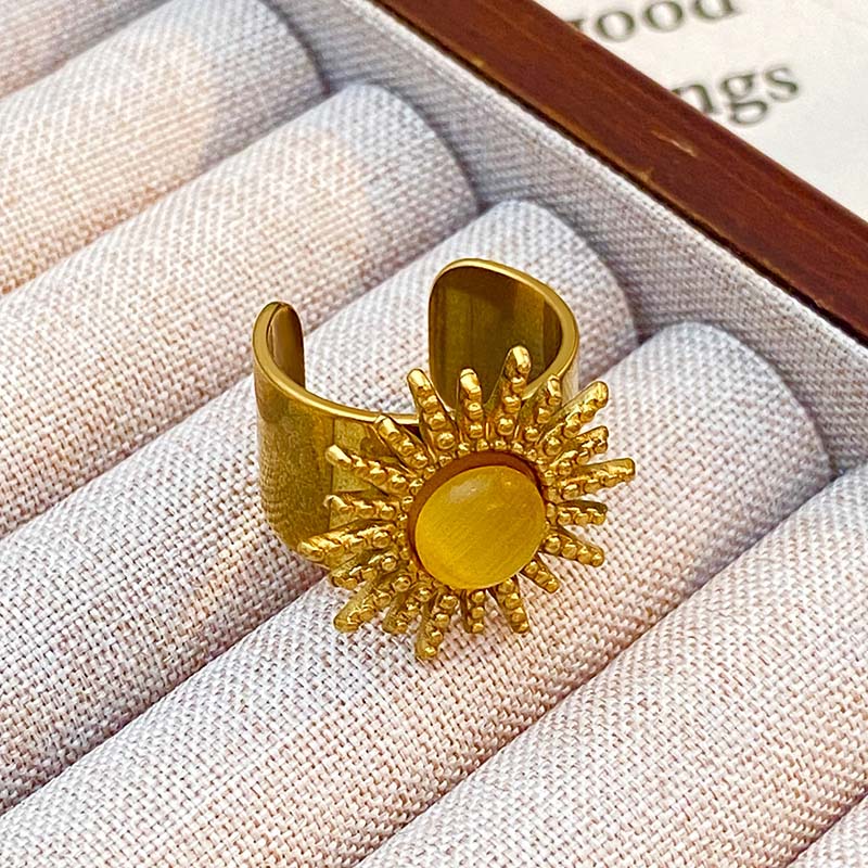 Stainless Steel Colorful Stone Opening Rings for Women Men Retro Classic Wide Gold Color Joint Rings Banquet Jewelry Accessories