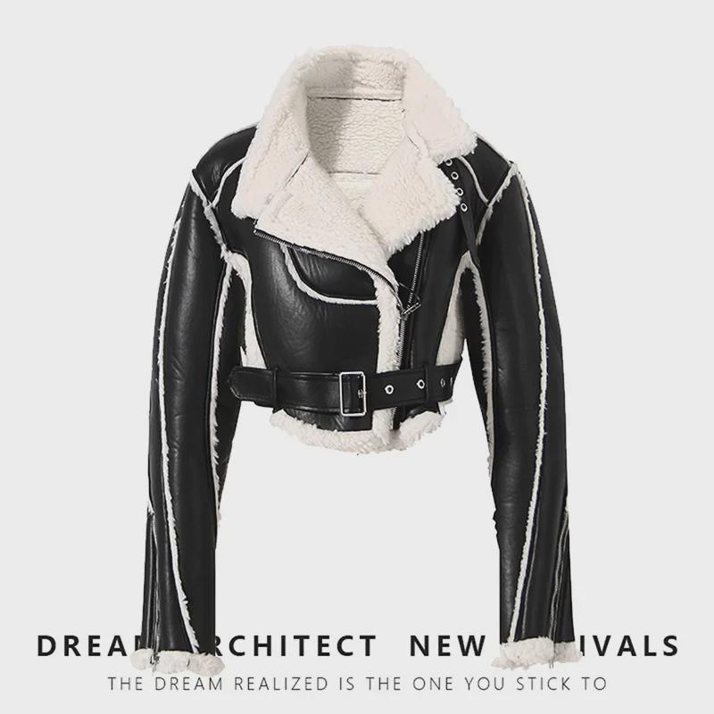 2023 Women's Motorcycle Style Leather Jacket - Short, Fur-Integrated, Cotton Outerwear