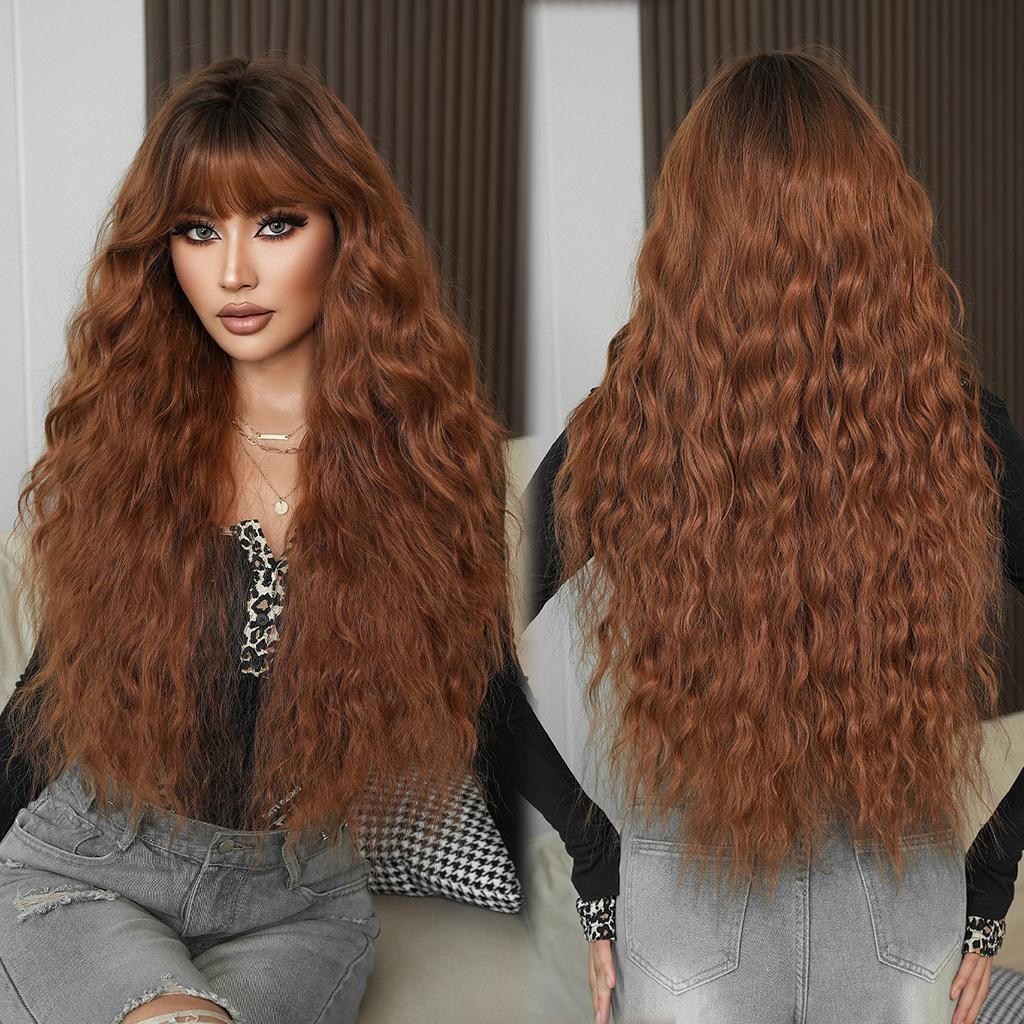Foreign Trade Caramel Red Brown Wig Women's Long Hair European American Feng Shui Wavy Curly Fashionable Spicy Girl Full Head Set