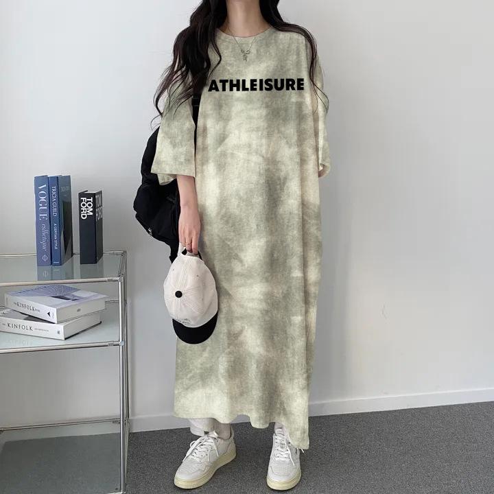 

2024 Summer Tie-Dye High-Elasticity American Casual Color Block Slimming T-Shirt Dress Extra Large