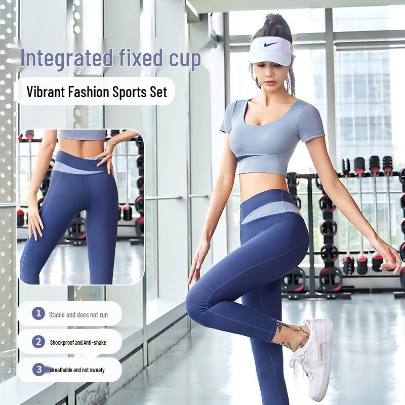 Women's Patchwork Color Block Fitness Set – Cropped Short Sleeve Top & High Waist Hip Lift Sports Pants for Spring/Summer Running & Workouts