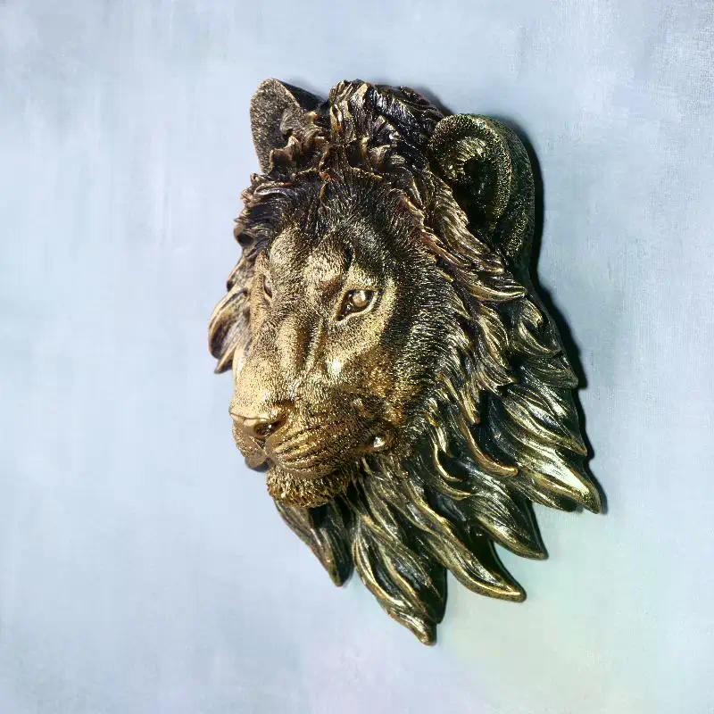 Animal Head Wall Decoration Statues Vintage Resin Lion Head Wall Hanging Decor Bedroom Home Simulation Statue Ornament
