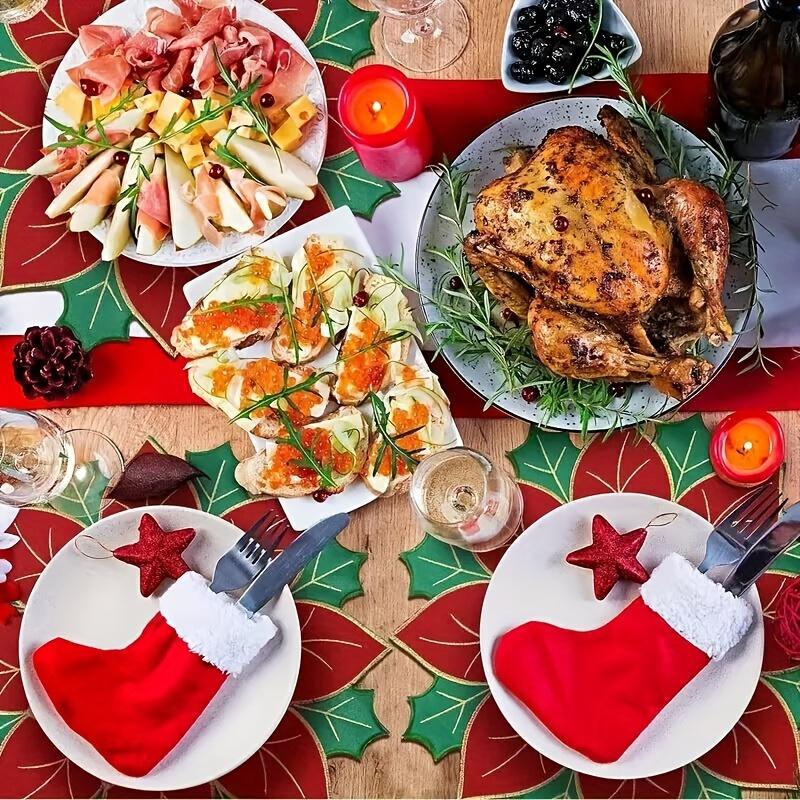 4pcs Christmas Embroidered Table Flag Tablecloth Desk Runner Round Plate Cover Plate Cloth Placemat Christmas Dining Table Decor