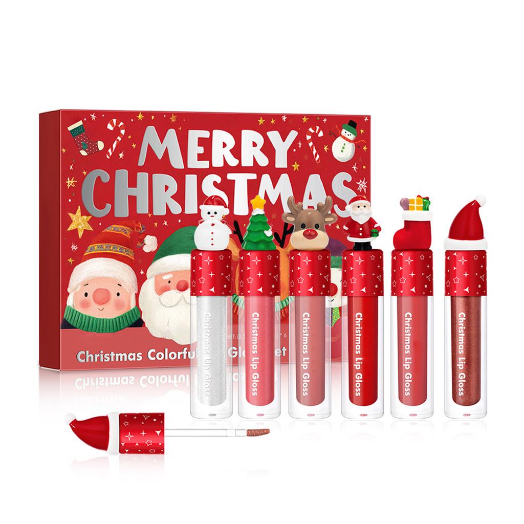 Christmas Lip Gloss Gift Set of 6, Shimmer Lip Oil & Matte Liquid Lipstick, Hydrating Lip Care Kit