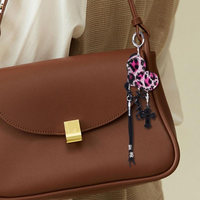 Cute Bag Charm Pendant Keyring Heart Key Crosses Braided Rope Keychain Bag Charm for Backpack Purse Handbag Decoration