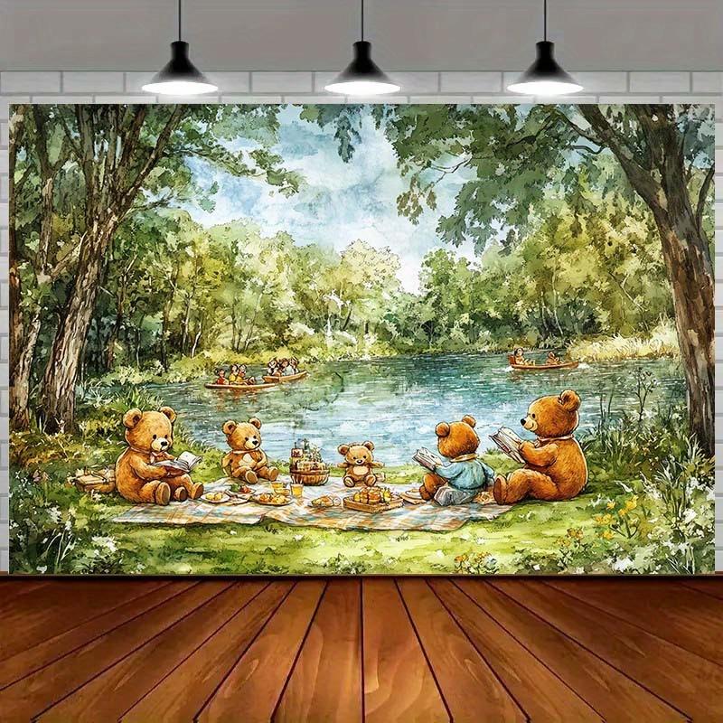 1 piece of Teddy bear picnic backdrop - Scenery of forest lake and canoe scene with green plants and flowerszyc