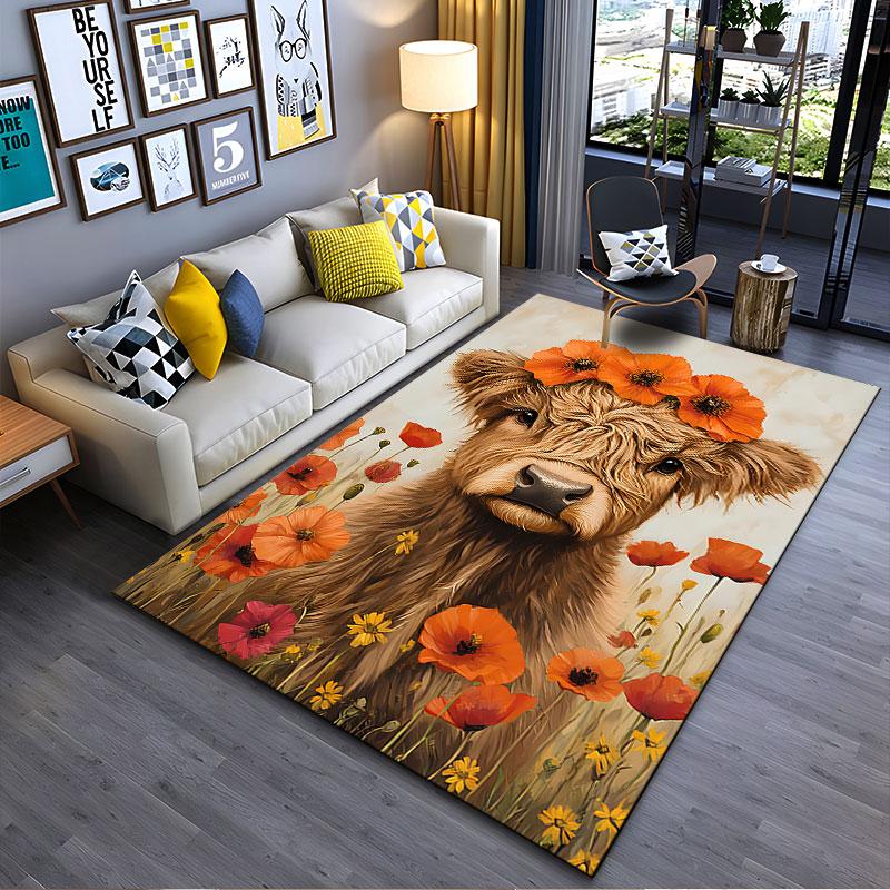 Highland Cow with Flower Crown suitable as a non-slip mat for the living room or bedroom sofa