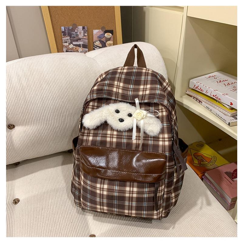 Plaid Backpack Female Retro Junior High School Students High School Students Cute Puppy Leisure Backpack.