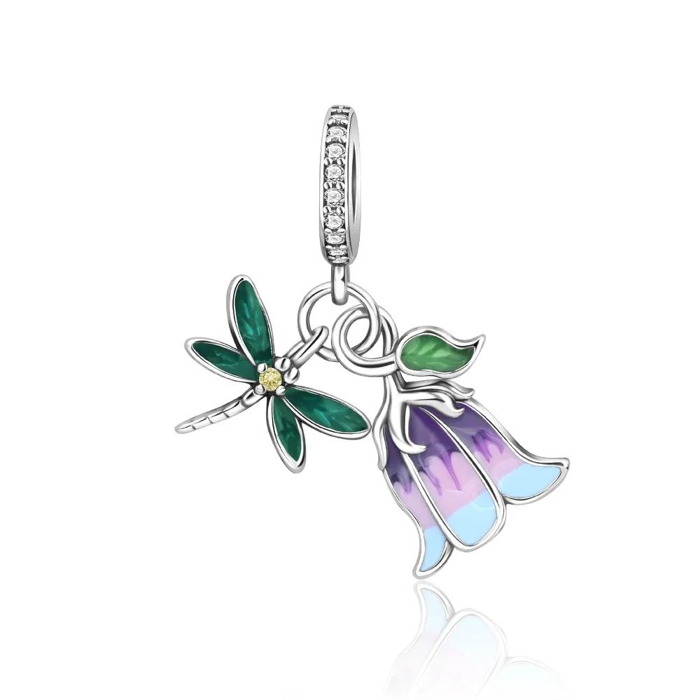 beaded copper Pink Flower Collection Dragonfly Bluebell Flower Twopiece Set Charm Bead Charms for Women Diy Bracelets Jewellery Gift
