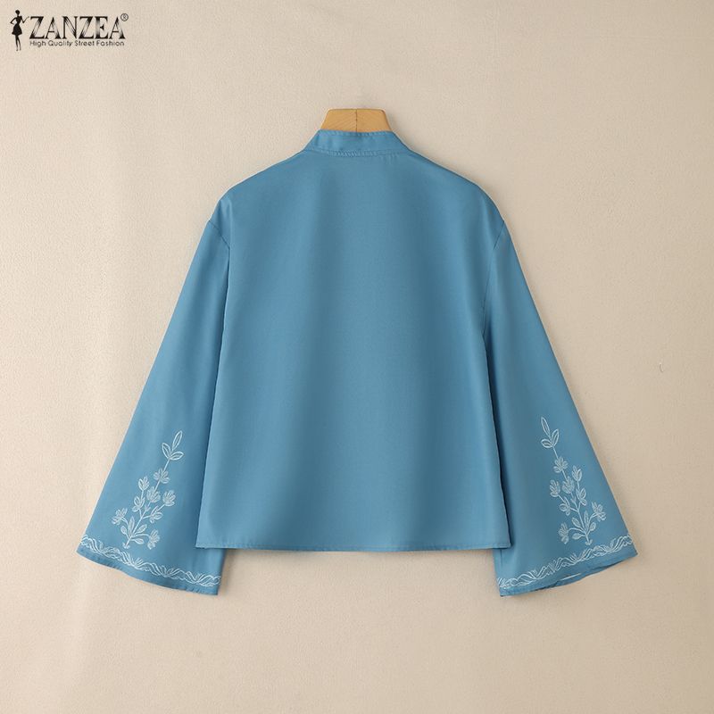ZANZEA Women Casual Stand Collar Loose Long Sleeve Print Blouse