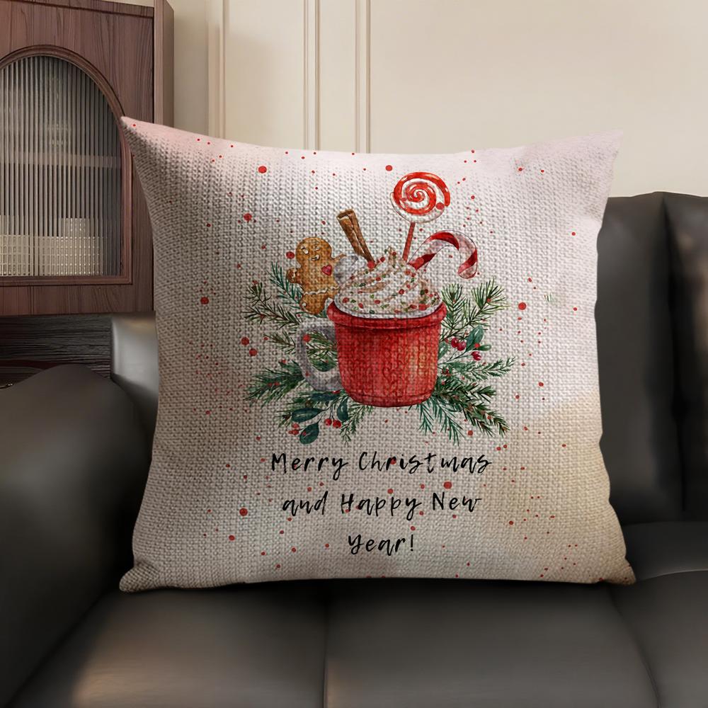 Christmas Pink Gingerbread Cushion Cover Natural Linen Organic Fabric Double-Sided Printing Sofa Home Decor Gift Pillow Case