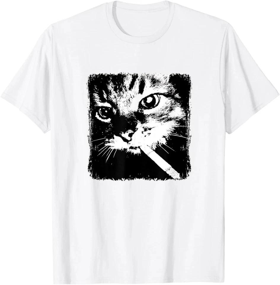 Cool Smoking Cat Retro Black and White Graphic T- Shirt 4XL