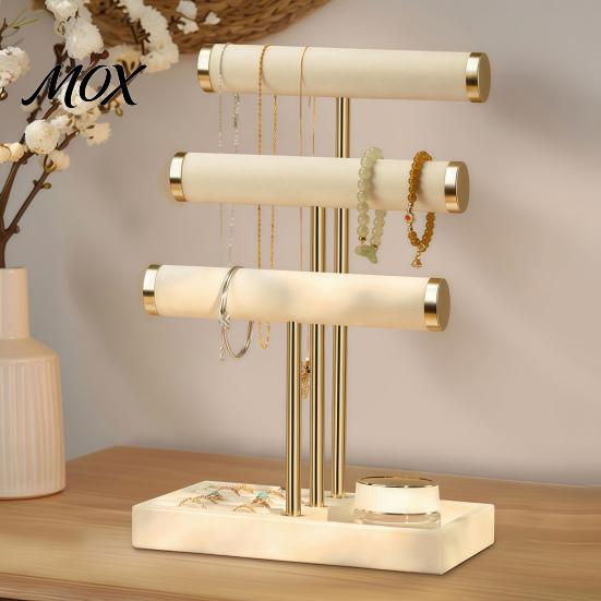 Countertop Jewelry Holder 3 Tier Velvet Organizer, T-shaped for Bracelet, StorageRack Necklaces Rings, & Earrings, Stand with Storage Tray Display