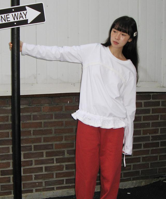 RONRON Frill Shirring Long Sleeve T Shirt White