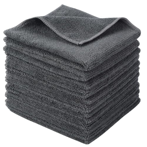 SINLAND Microfiber Cleaning Cloths, Commercial Towels for Kitchen, Cleaning, and Car Washing, Absorbent and Quick-Drying, 12-Count, Gray