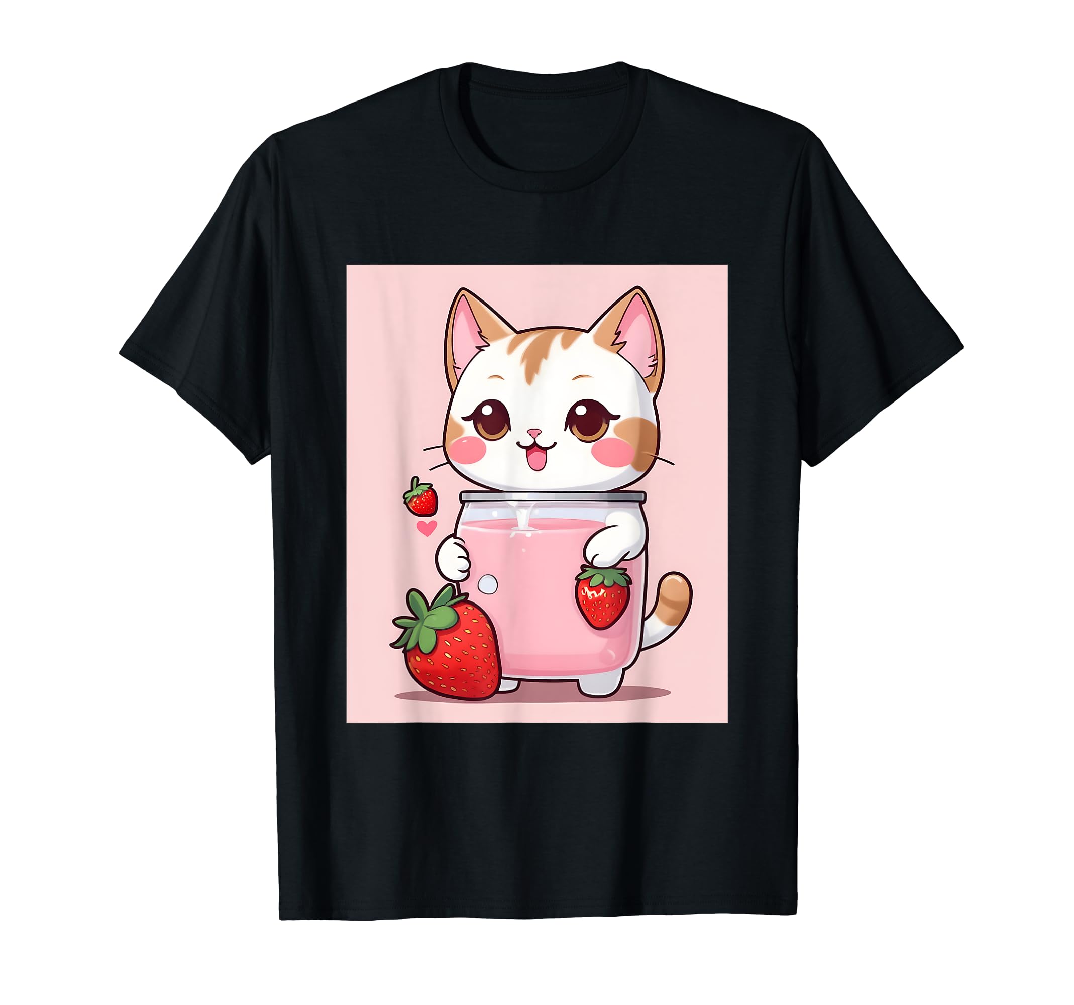 

клубничные вещи с принтом Каваи, кошка, молоко, милый, японский, футболка чёрный