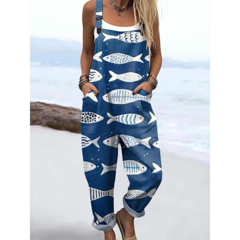 Womens Sleeveless Jumpsuit With Vintage Print Loose Fit Streetwear Style 2026
