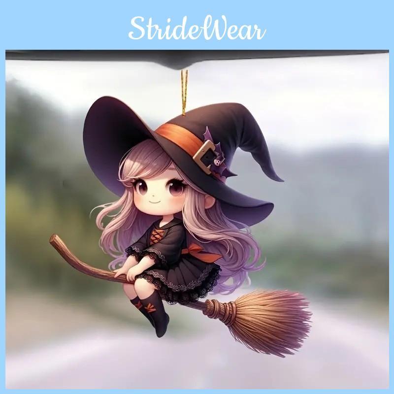 Acrylic Halloween Car Decoration Pendant Cartoon Witch Broom Interior Supplies