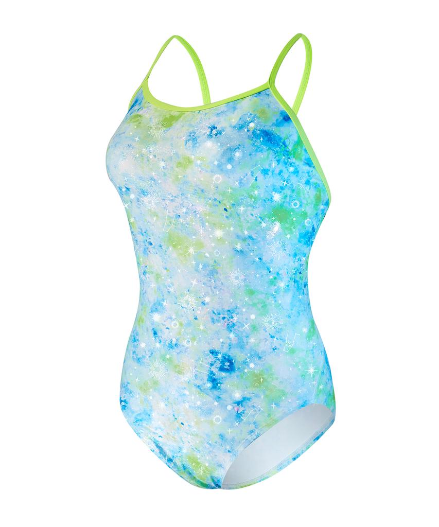 Laelliseupocheu [Rsla418 Mlt] Perfume Foil Double Strap X-Back Swimsuit Multi