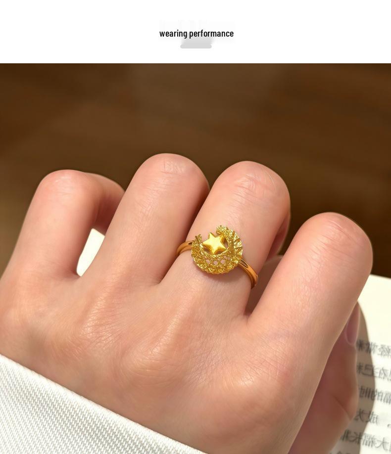 Golden Filigree Star and Moon Dream Weave Gold-Plated Open Ring - Women's Luxury Sparkling Hollow Moon and Star Design.