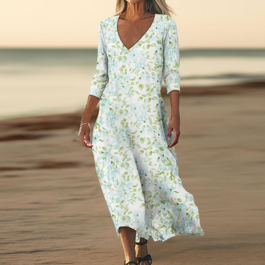 Dresses For Womens Vintage Print Tunic Waisted Midi Dress Summer Casual  3/4 Sleeve Dress