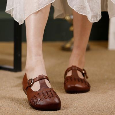 Genuine Leather Woven Soft Soled Shoes Retro Belt Buckle Versatile Women's Flat Shoes