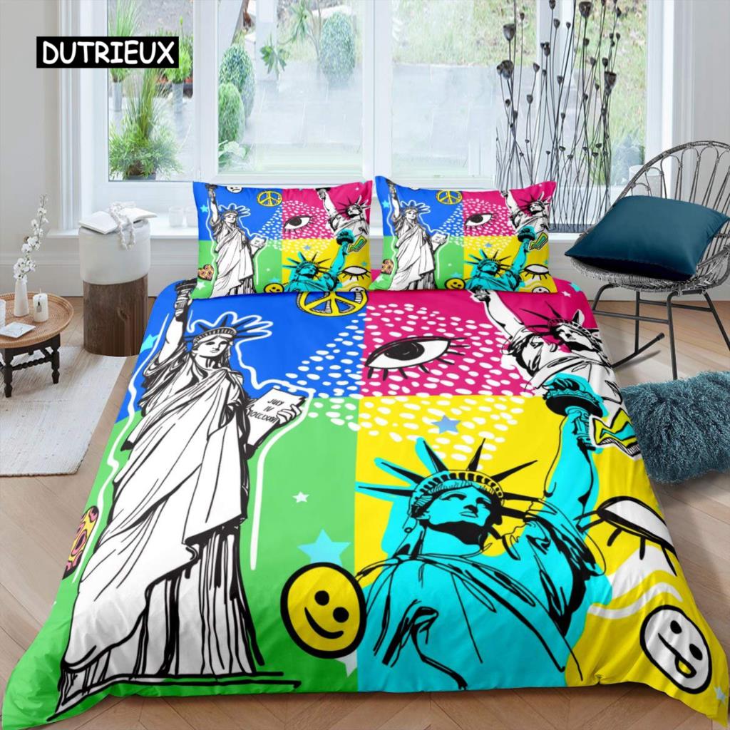 Statue of Liberty Bedspread Cover Hip Hop Full Size Peace Sign Love Heart Bed Cover Kit American Eyes Colorful Sturdy Polyester Quilt Cover