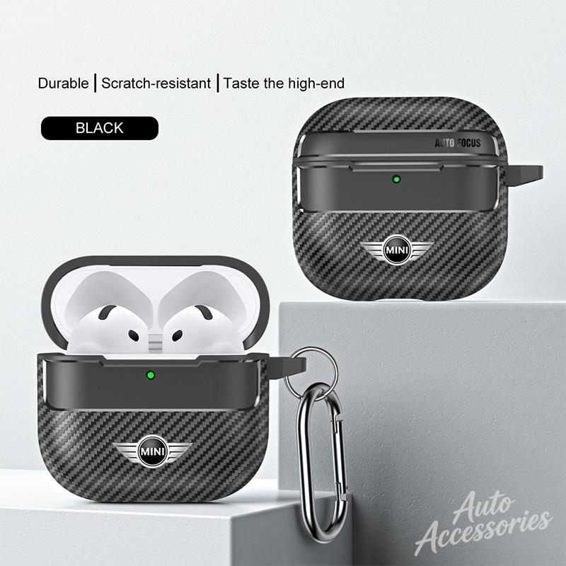 Carbon Fiber Earphone Case Bluetooth Headset Shell For Airpods 1/2/3/4/Pro With Carabiner Keychain For BMW Mini Cooper One JCW