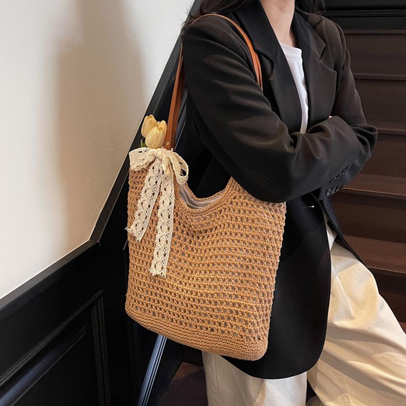 Yogodlns Women Straw Woven Shoulder Bag Solid Color Shoulder Summer Woven Pouch for Women Handmade Traveling Handbags Underarm Bags