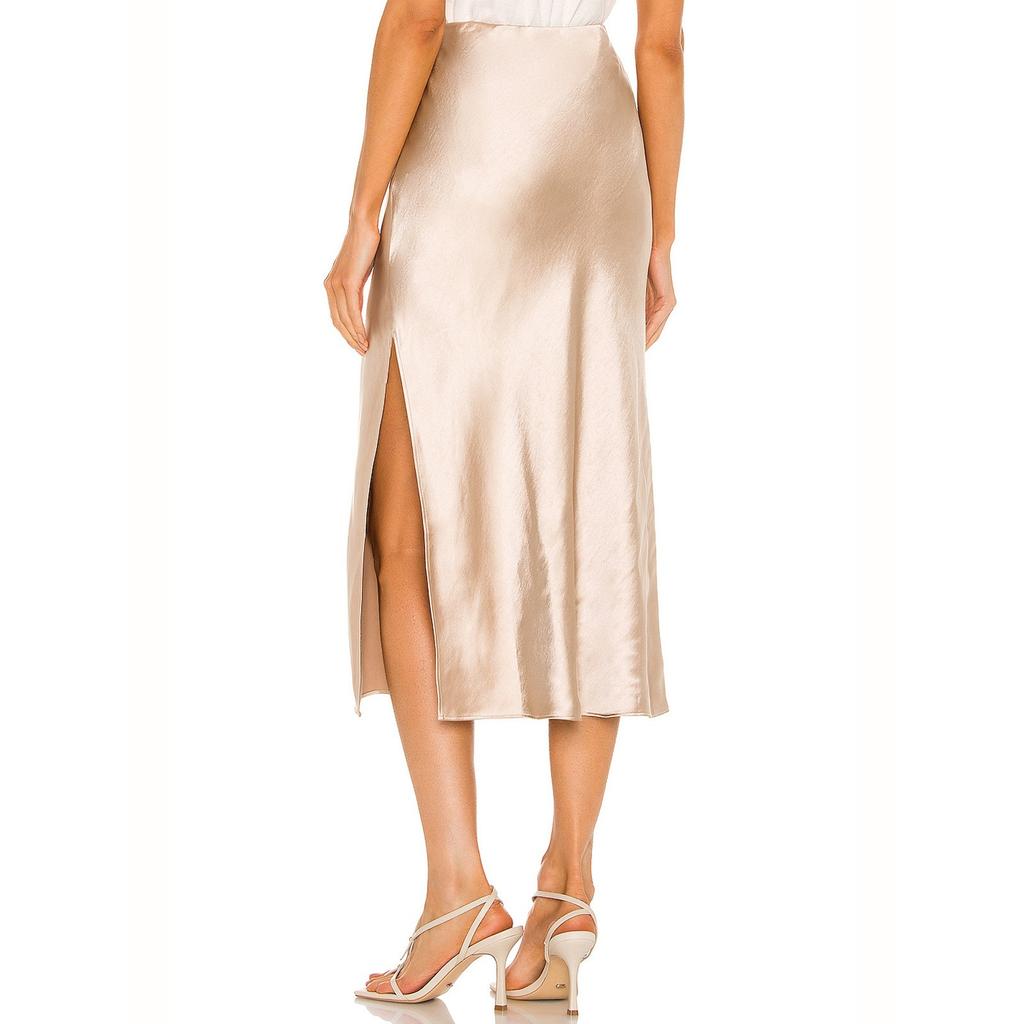 Women's High-Quality Satin Half Skirt With Elastic High Waist Solid Color Split Mid Length Skirt