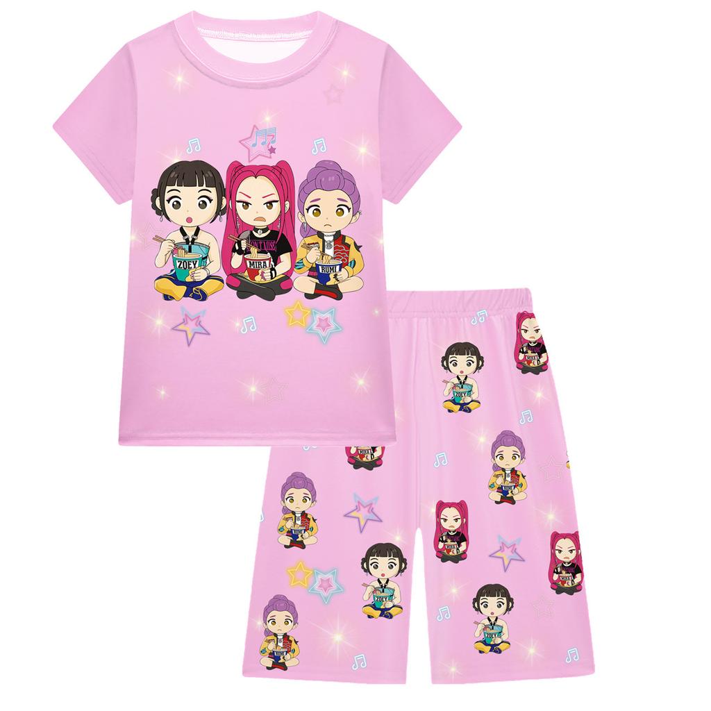 KPOP Mädchen T-Shirt und Hosen Set, Demon Slayer Cartoon, Zweiteiliges Kurzarm- und Shorts-Set für große Kinder