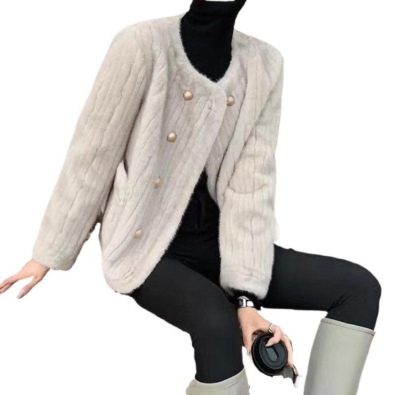 New Mao Mao Jacket Women's Round Neck Double-breasted Imitation Mink Hair Vertical Pattern Mao Mao Fragrant Coat Imitation Fur Autumn and Winter