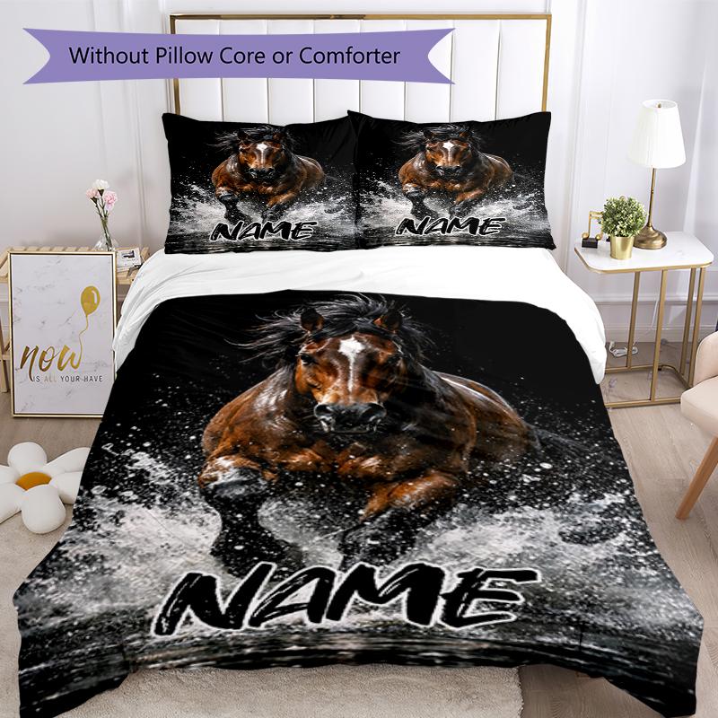 3pcs Custom Name Horse Bedding Set Duvet Cover Closure Includes 1 Duvet Cover & 2 Pillowcases, Soft and Comfortable for All Seasons.