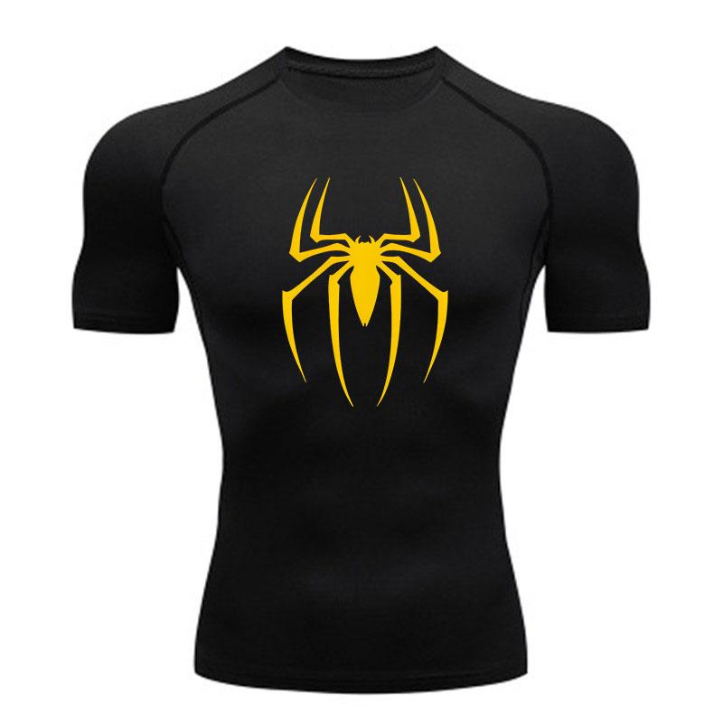 Men's Compression Athletic T-Shirt, Yellow Spider Pattern Quick Dry Breathable Sports Top for Workout Running Gym Training Activewear