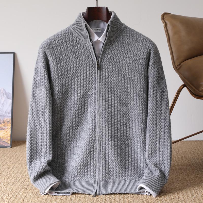 Men's 100% Pure Wool Thickened Half-High Collar Zipper Cardigan Sweater for Autumn/Winter